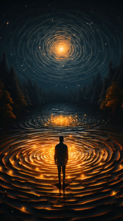 A man standing in front of a circular maze. Generative AI image.の素材