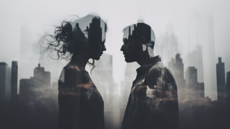 Two people standing in front of a city skyline. Generative AI image.の素材