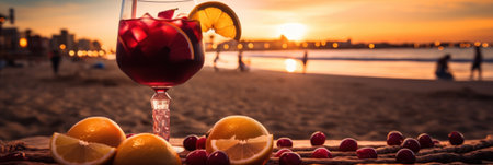 A glass of red wine sitting on top of a sandy beach. Generative AI image.の素材