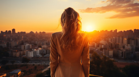 A woman looking out over a city at sunset. Generative AI image.の素材