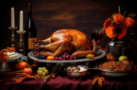 A turkey on a platter surrounded by other thanksgiving foods. Generative AI image.の素材