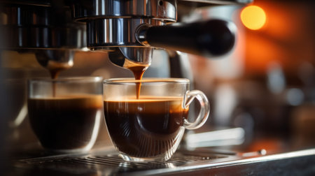 A close up of a cup of coffee being poured. Generative AI image.の素材
