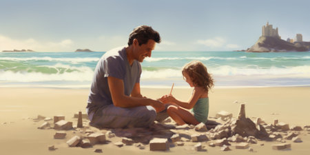 A man and a little girl sitting on a beach. Generative AI image.の素材
