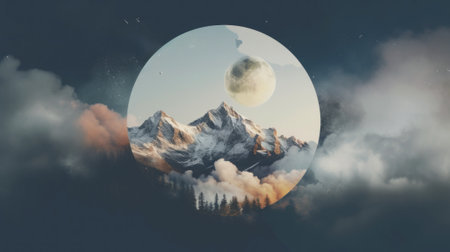 A picture of a mountain with a full moon in the sky. Generative AI image.の素材