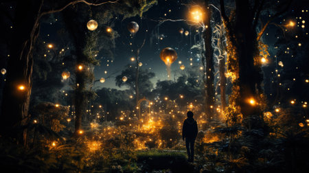 A person standing in the middle of a forest at night. Generative AI image.の素材
