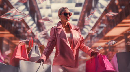 A woman in a pink jacket carrying shopping bags. Generative AI image.の素材