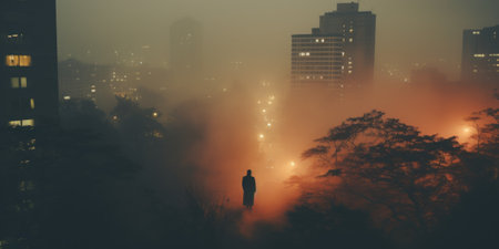 A person standing in the middle of a foggy city. Generative AI image.の素材