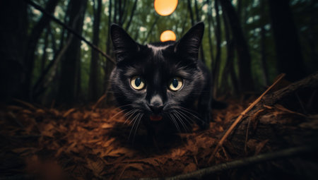 A black cat sitting in the middle of a forest. Generative AI image.の素材