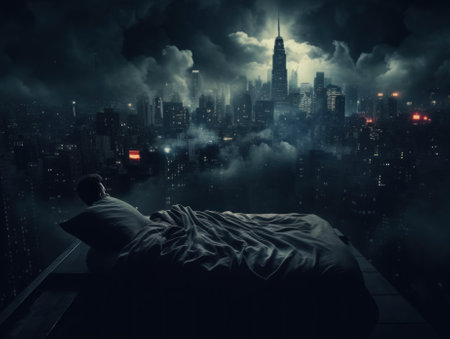 A person laying in a bed in a dark room. Generative AI image.の素材