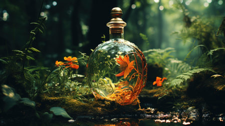 A glass bottle with a gold fish inside of it. Generative AI image.の素材