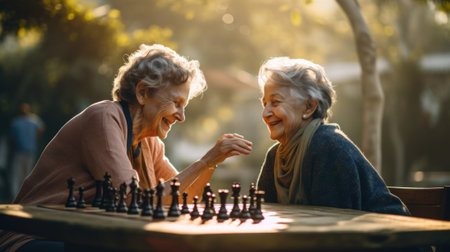 Two older women playing a game of chess. Generative AI image.の素材