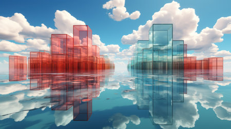 A group of glass cubes floating on top of a body of water. Generative AI image.の素材