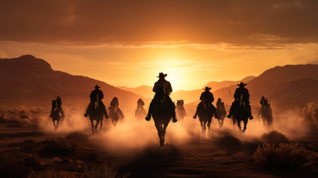 A group of people riding on the backs of horses. Generative AI image.の素材