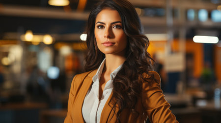 A woman in a brown jacket posing for a picture. Generative AI image.の素材