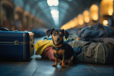 A small dog sitting next to a pile of luggage. Generative AI image.の素材