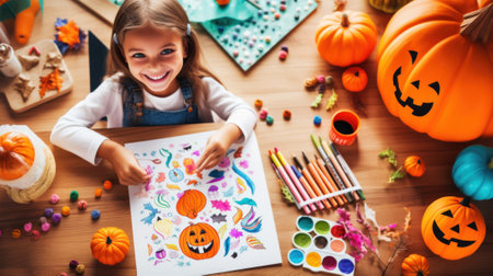 A little girl sitting at a table with halloween decorations. Generative AI image.の素材