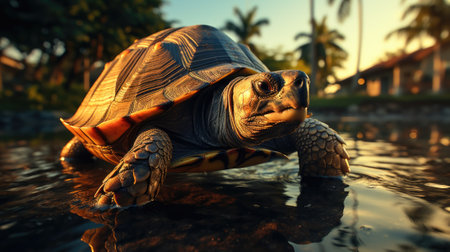 A turtle is sitting on a rock in the water. Generative AI image.の素材