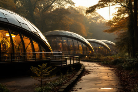 A walkway in front of a row of glass domes. Generative AI image.の素材