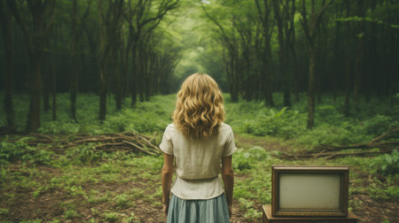 A woman standing in a forest looking at a television. Generative AI image.の素材