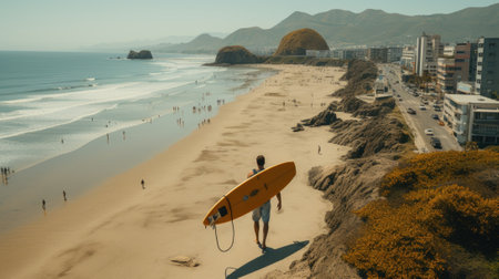 A person walking down a beach with a surfboard. Generative AI image.の素材
