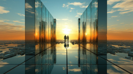 A person standing in front of a mirrored wall. Generative AI image.の素材