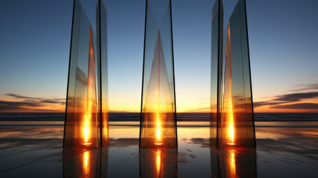 A group of tall glass poles sitting on top of a beach. Generative AI image.の素材