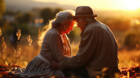 A man and a woman are sitting in a field. Generative AI image.の素材
