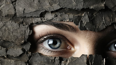 A close up of a person looking through a hole in a tree. Generative AI image.の素材