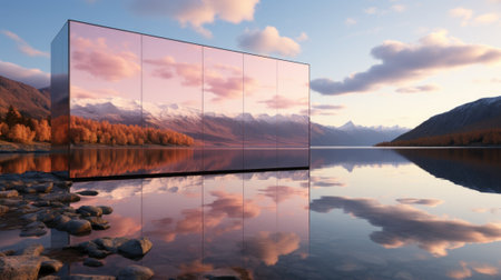 A mirror reflecting a mountain and a lake. Generative AI image.の素材