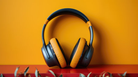 A pair of headphones sitting on top of a table. Generative AI image.の素材