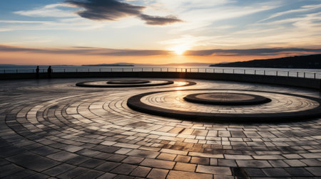 The sun is setting over the water and a circular bench. Generative AI image.の素材