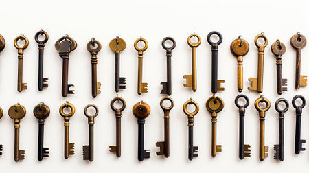 A bunch of old keys on a white surface. Generative AI image.の素材