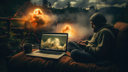 A man sitting on a bed with a laptop in front of him. Generative AI image.の素材