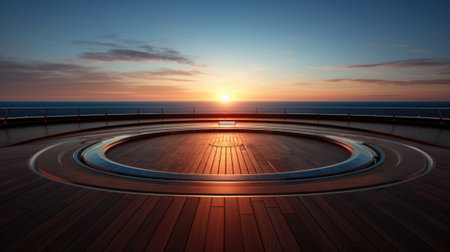 The sun is setting on the deck of a cruise ship. Generative AI image.の素材