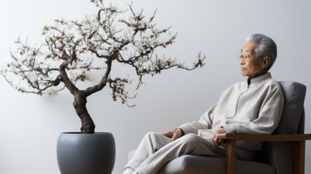 A man sitting in a chair next to a bonsai tree. Generative AI image.の素材
