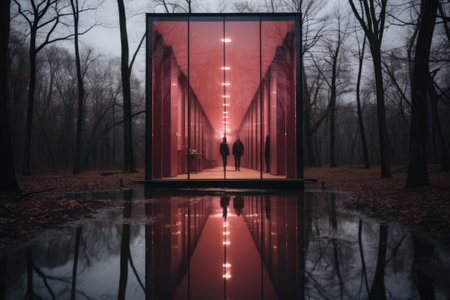Two people walking through a red glass structure. Generative AI image.の素材