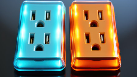 A close up of two electrical outlets on a table. Generative AI image.の素材
