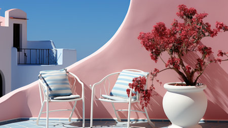 Two chairs and a plant on a patio. Generative AI image.の素材