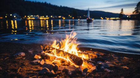 A campfire on the shore of a lake at night. Generative AI image.の素材