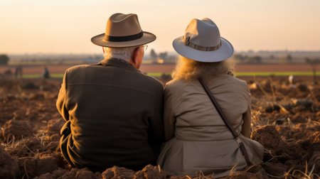 A man and a woman sitting in a field. Generative AI image.の素材