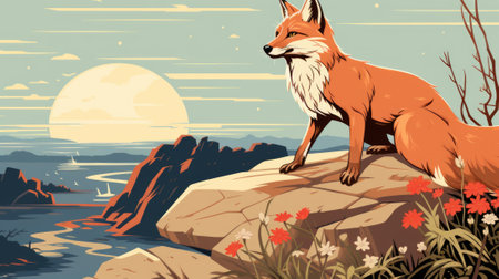 A fox sitting on top of a rock next to a body of water. Generative AI image.の素材