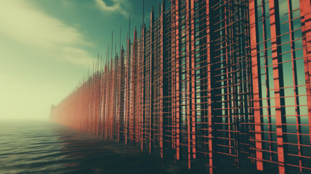 A long row of red metal poles next to a body of water. Generative AI image.の素材