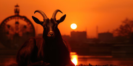 A goat sitting in front of a sunset with a clock in the background. Generative AI image.の素材