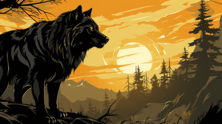 A lone wolf standing on a hill in front of a full moon. Generative AI image.の素材