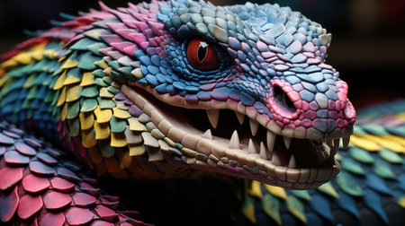A close up of a colorful snakes head. Generative AI image.の素材