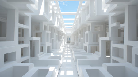 A very long hallway with lots of white boxes in it. Generative AI image.の素材
