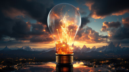 A light bulb with a fire inside of it. Generative AI image.の素材