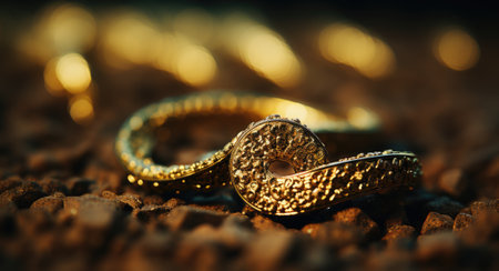 A couple of gold rings sitting on top of a pile of rocks. Generative AI image.の素材