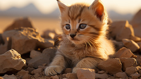 A small kitten laying on top of a pile of rocks. Generative AI image.の素材