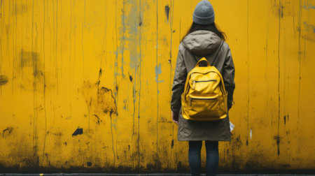 A woman with a yellow backpack standing in front of a yellow wall. Generative AI image.の素材